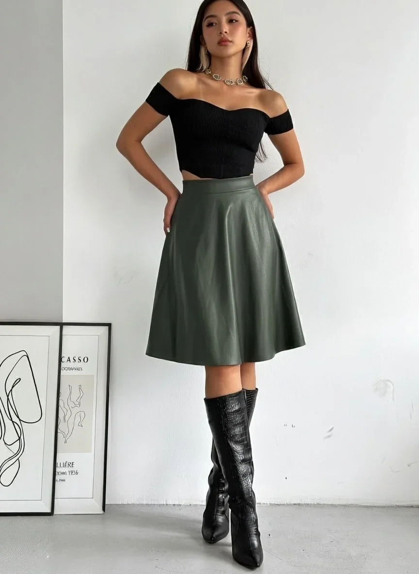 Haki Deri Kloş Etek