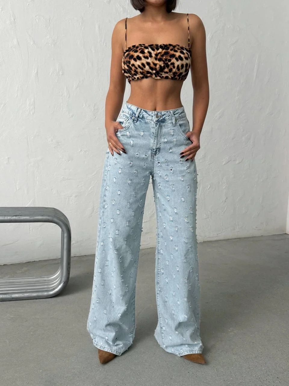 Açık Mavi Distressed Geniş Paça Palazzo Kot Pantolon