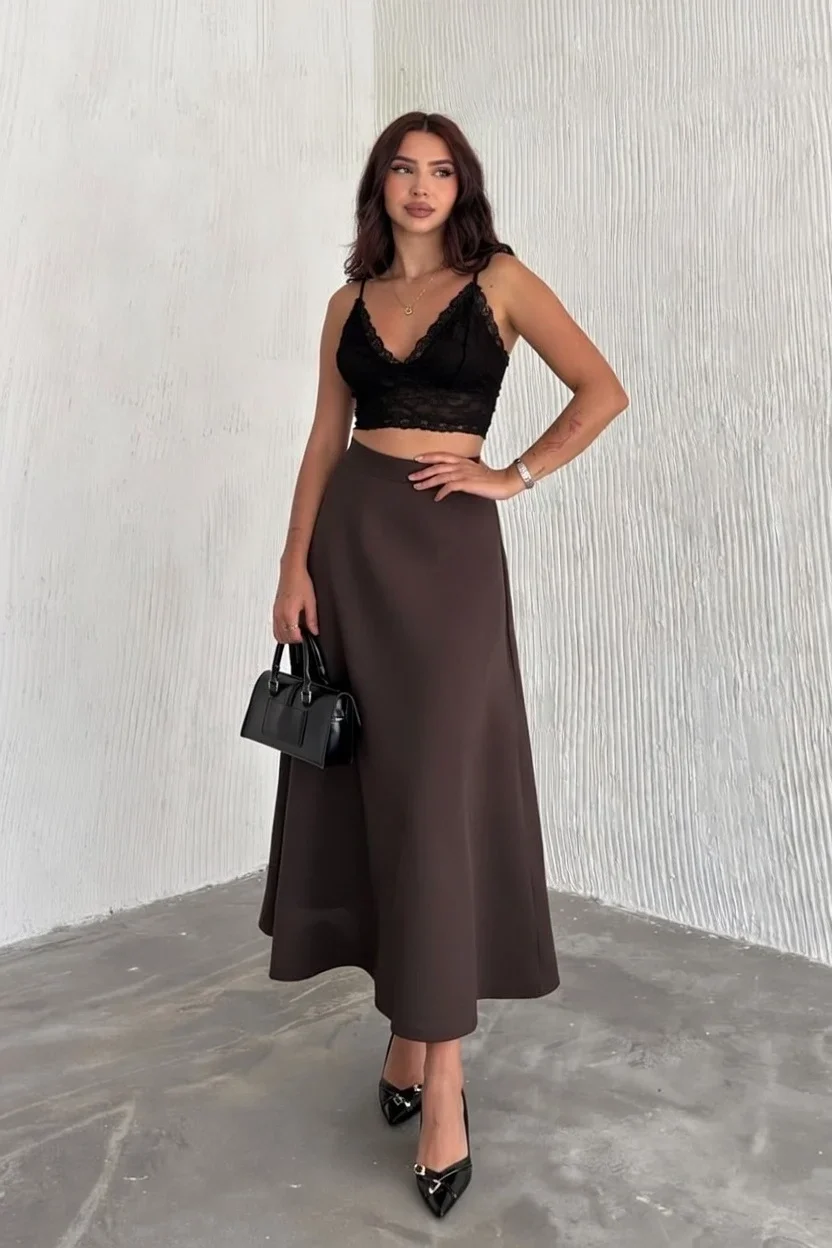 Kahve Scuba Puf Uzun Etek