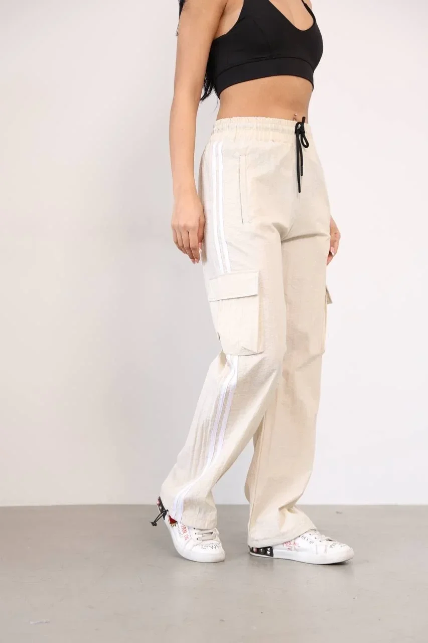 Krem Çift Şerit Kargo Cep Paraşüt Eşofman