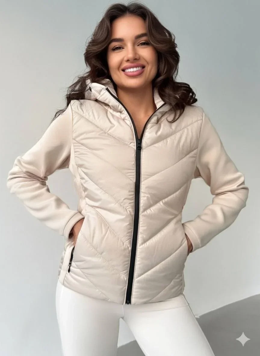 Krem ZR Scuba Garnili Kapşonlu Şişme Mont