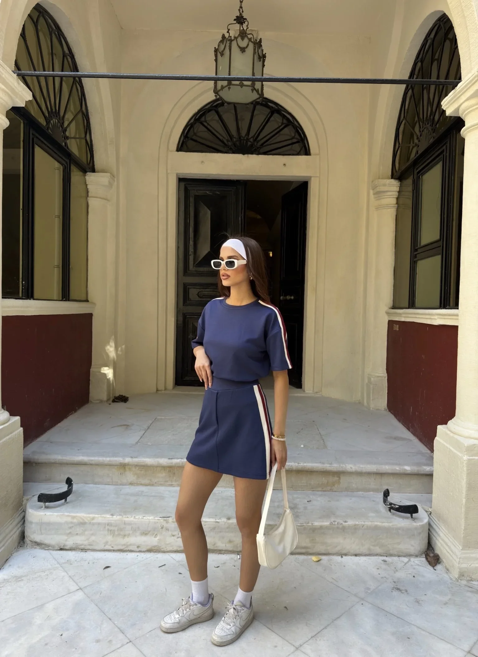 Lacivert Şeritli Şort Etekli Modal Takım