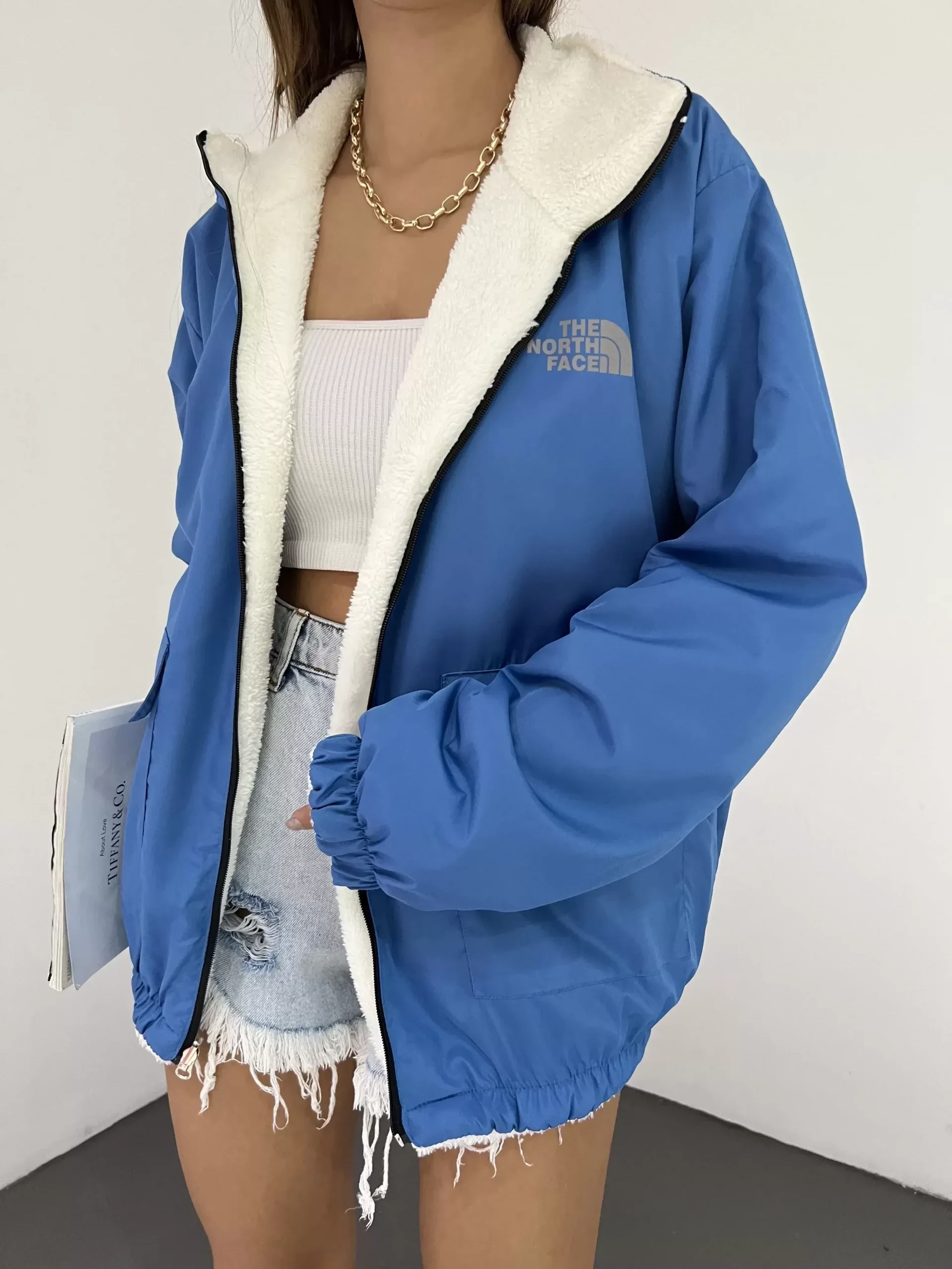 Mavi Çift Taraflı Giyilebilir Kürklü Mont