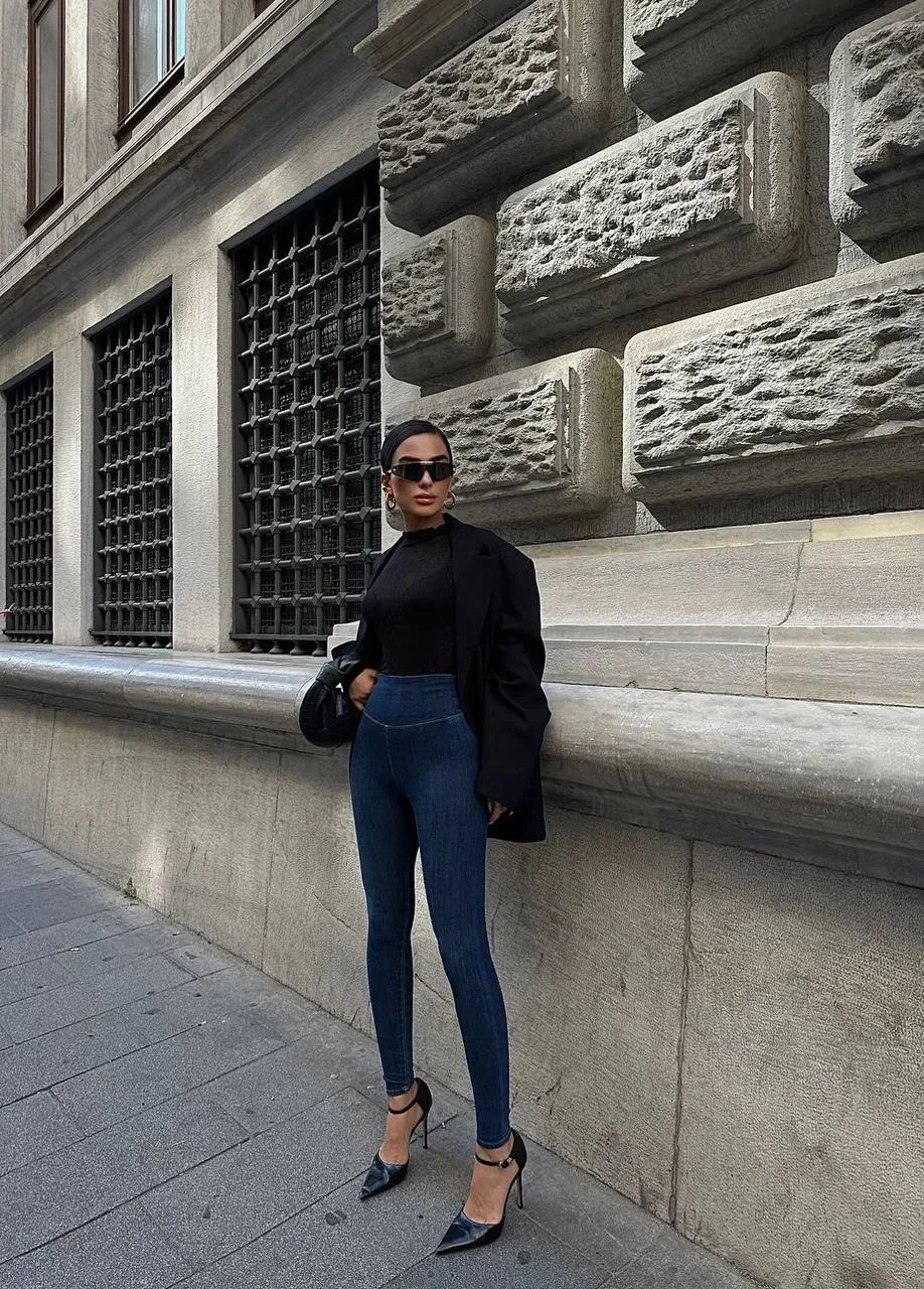 Mavi Yüksel Bel En Boy Likralı Kot Tayt