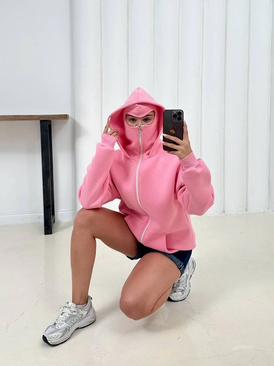 Pembe Musk Üç İplik Oversize Kapşonlu Sweat