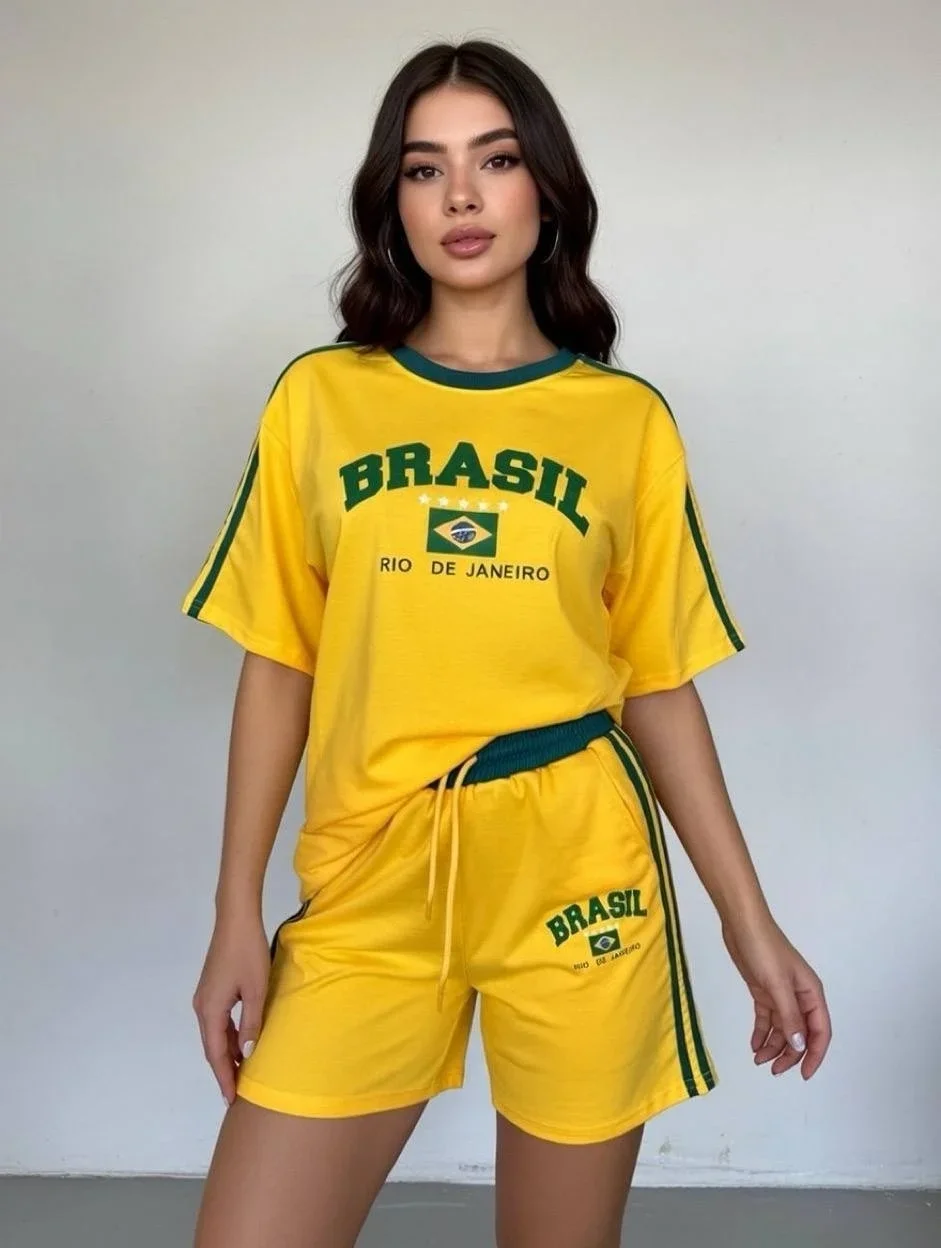 Sarı Brasil Oversize Unisex Şortlu Takım