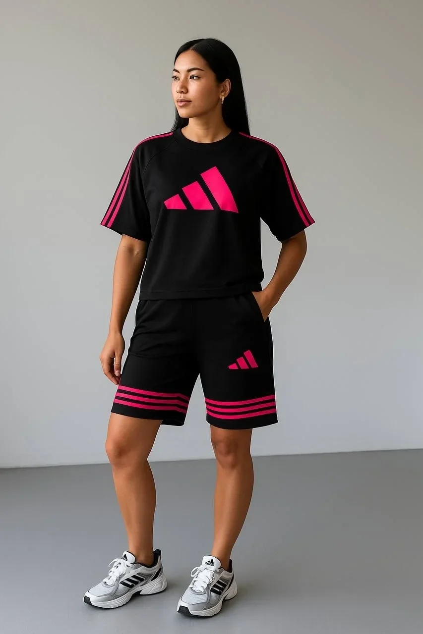 Siyah ADD Fuşya Çizgili Oversize Unisex Şortlu Takım