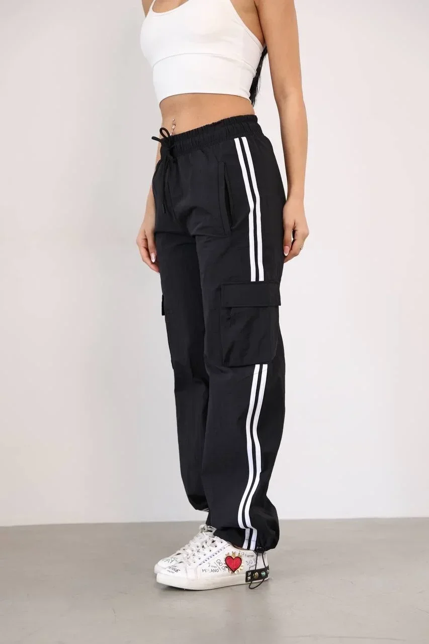 Siyah Çift Şerit Kargo Cep Paraşüt Eşofman