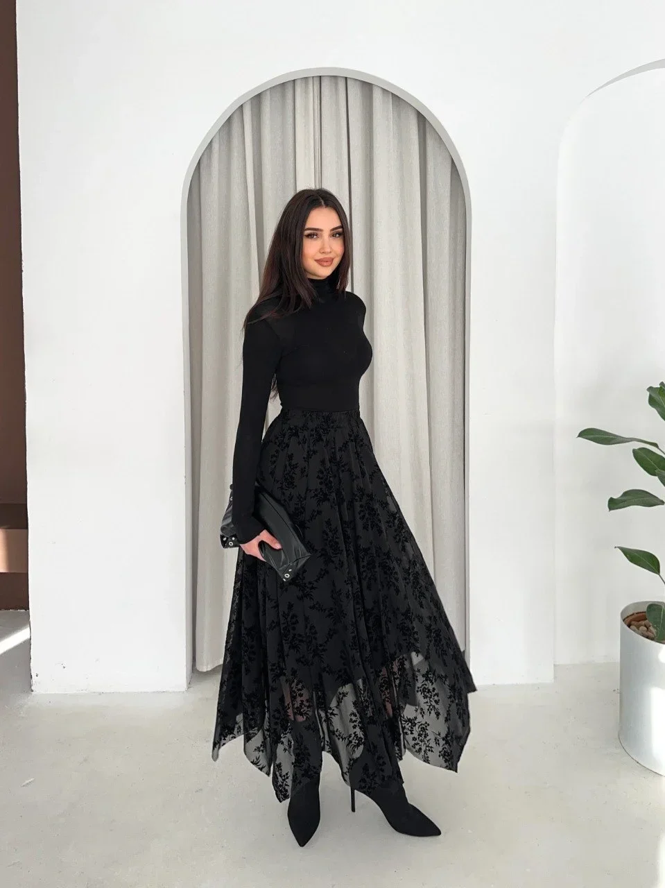 Siyah Flok Tüllü Astarlı Etek