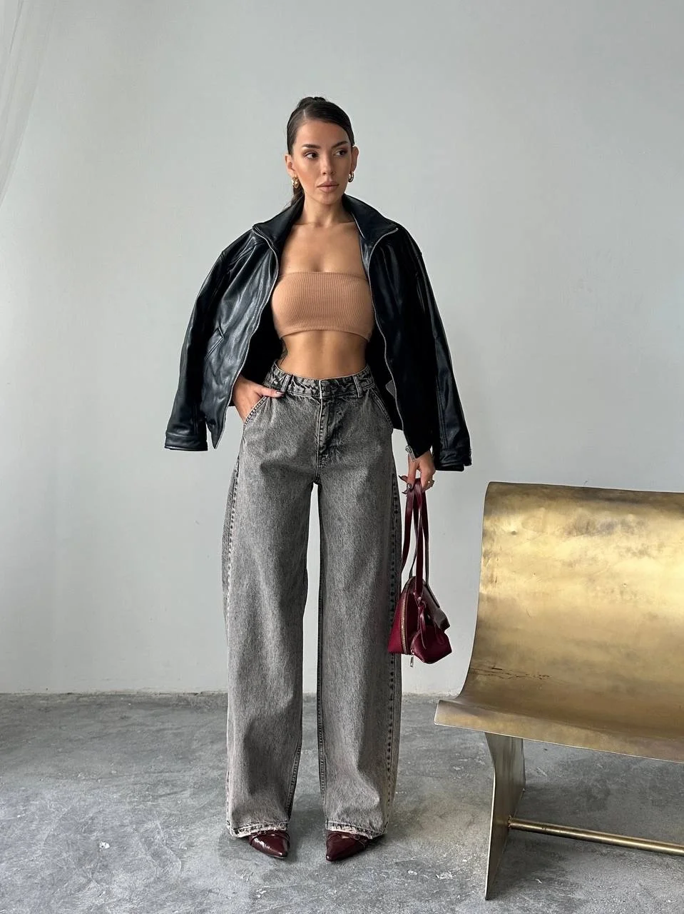 Antrasit Geniş Paça Palazzo Jean Pantolon