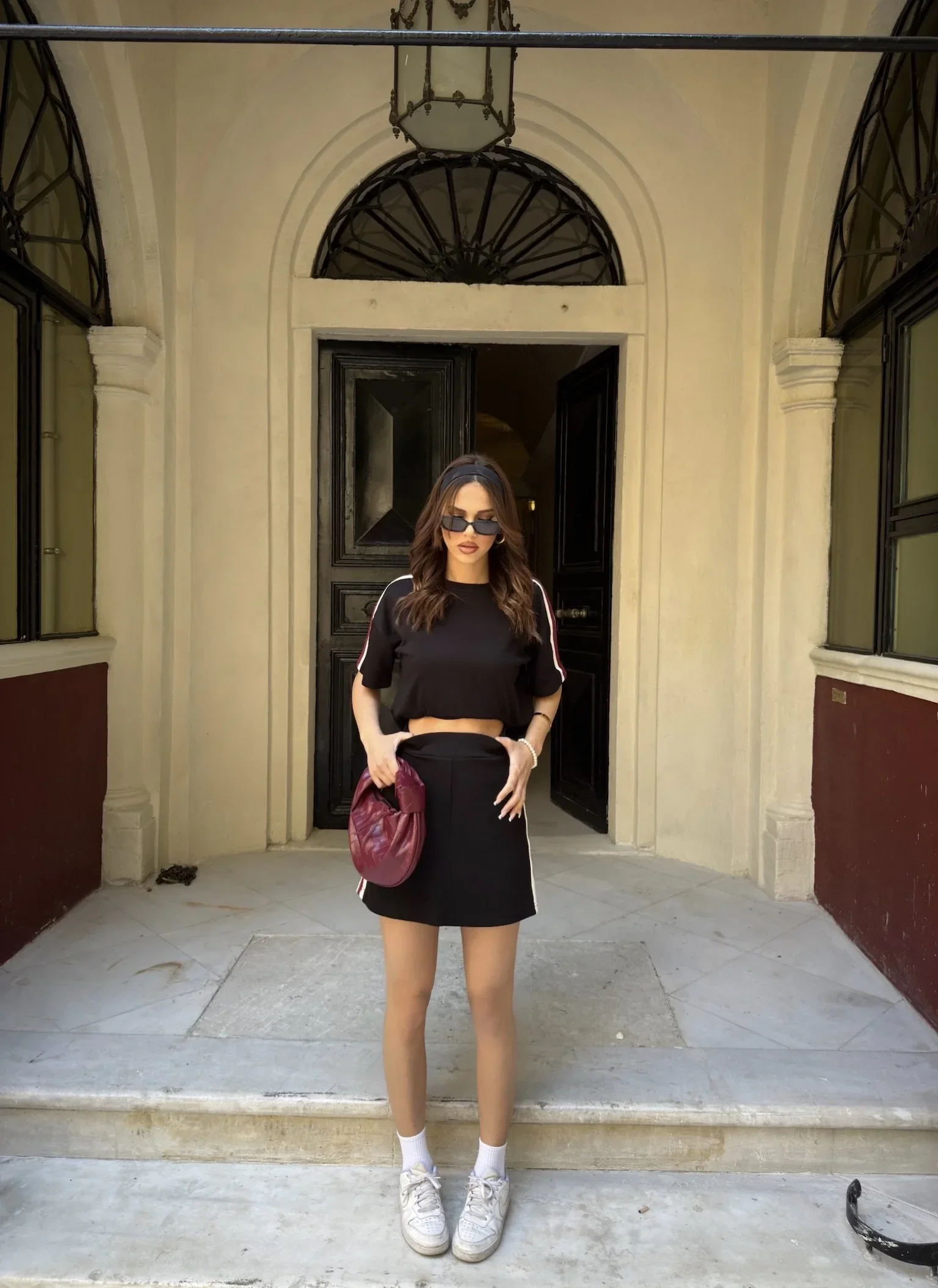 Siyah Şeritli Şort Etekli Modal Takım