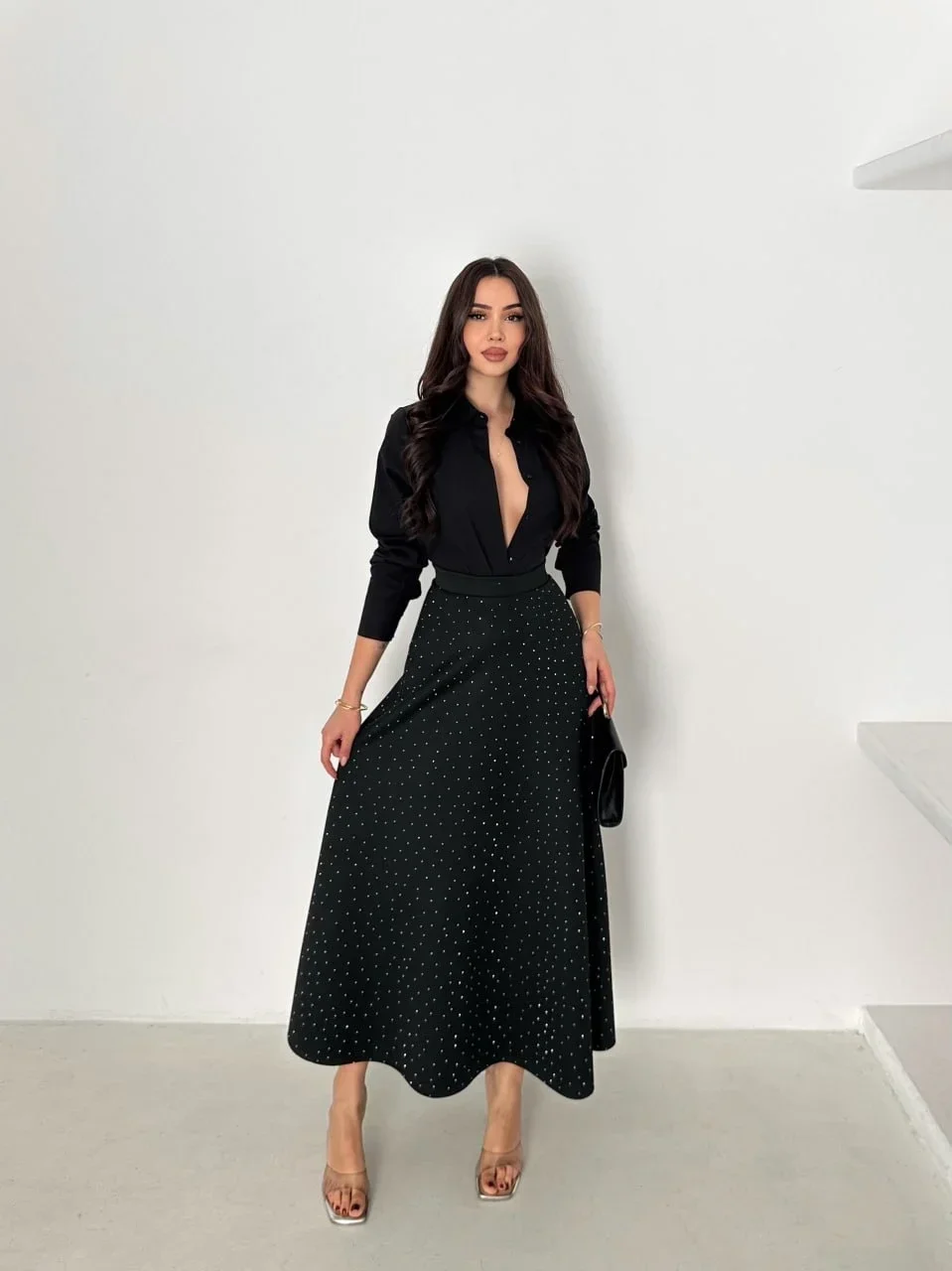 Siyah Taş İşlemeli Scuba Etek