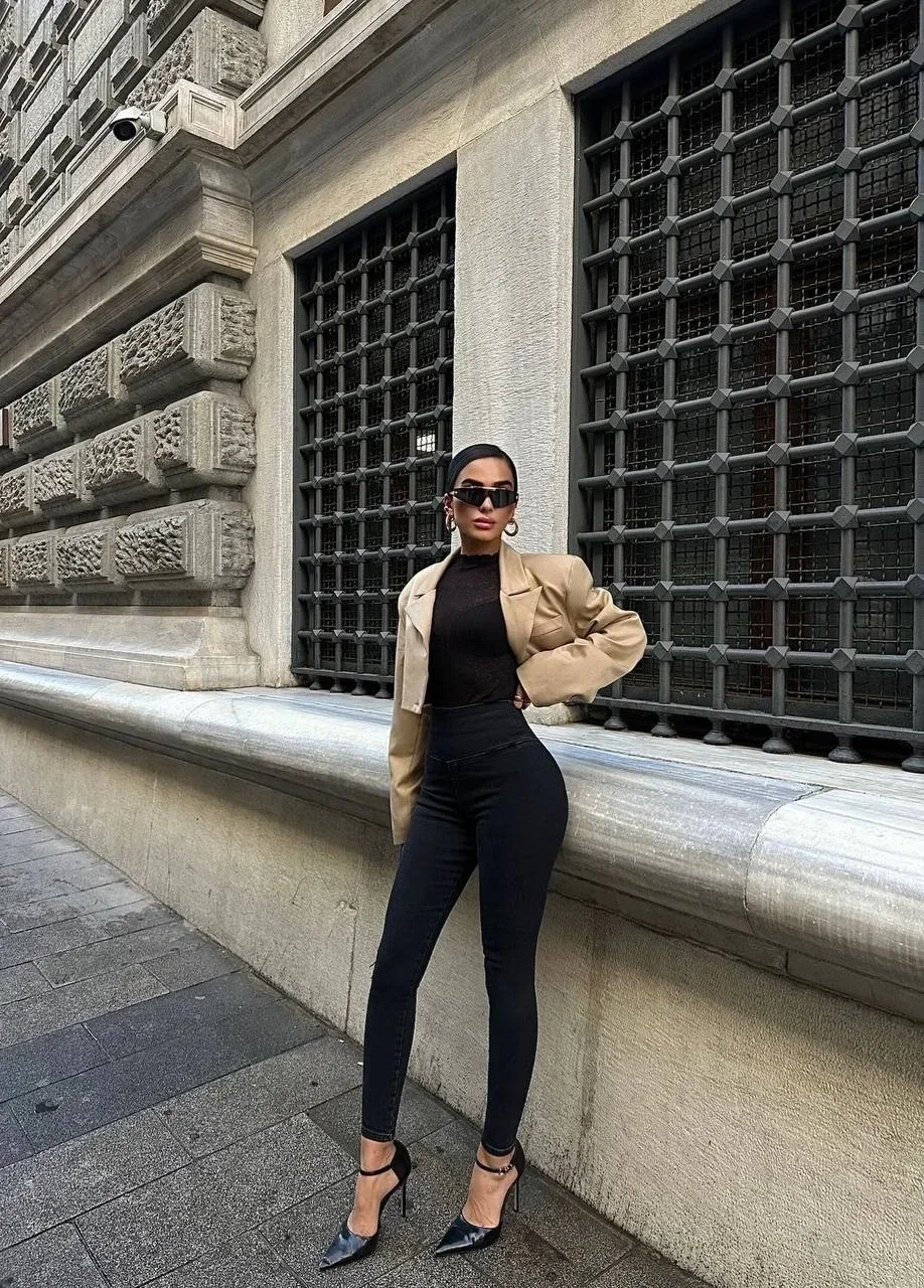 Siyah Yüksel Bel En Boy Likralı Kot Tayt