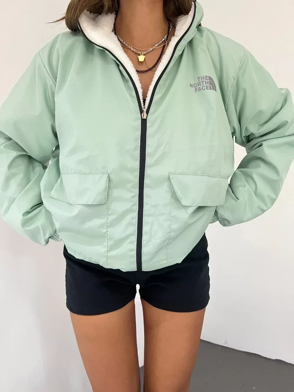 Yeşil Çift Taraflı Giyilebilir Kürklü Mont