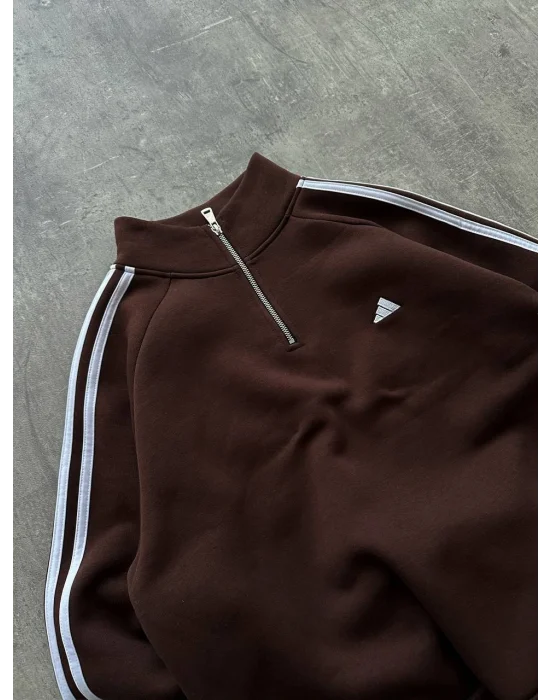Kahve ADD Fermuar Yaka Unisex Oversize Sweat