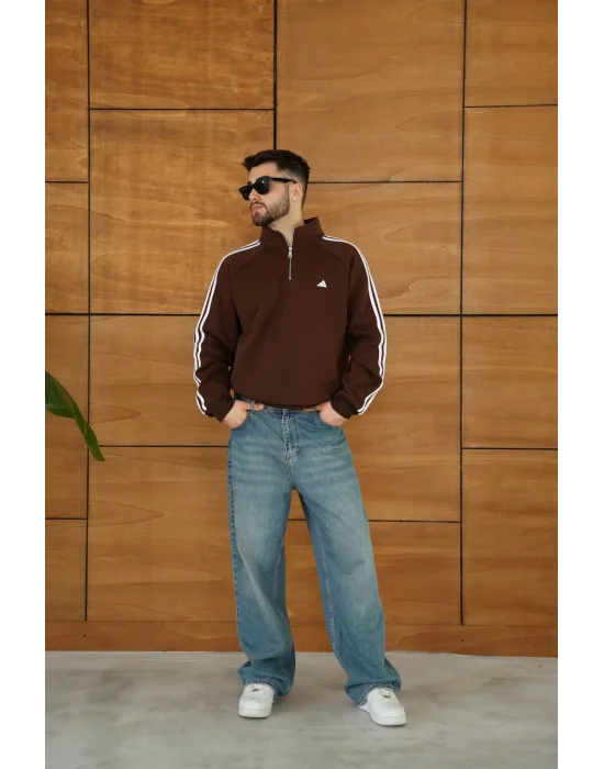 Kahve ADD Fermuar Yaka Unisex Oversize Sweat