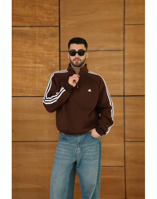 Kahve ADD Fermuar Yaka Unisex Oversize Sweat