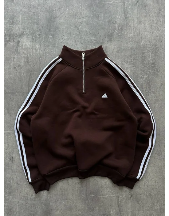 Kahve ADD Fermuar Yaka Unisex Oversize Sweat