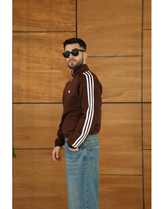 Kahve ADD Fermuar Yaka Unisex Oversize Sweat