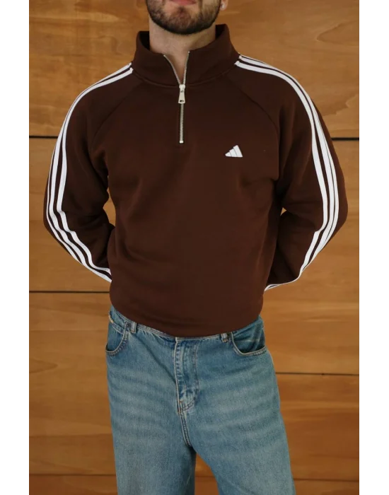 Kahve ADD Fermuar Yaka Unisex Oversize Sweat