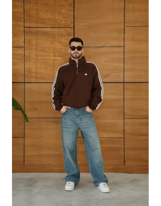 Kahve ADD Fermuar Yaka Unisex Oversize Sweat