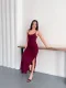Bordo İp Askılı Pike Modal Yırtmaçlı Uzun Elbise