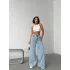 Buz Mavi Pink Taş Detaylı Yırtık Wide Leg Jean Pantolon
