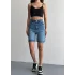 Mavi Yüksek Bel Premium Denim Bermuda Şort