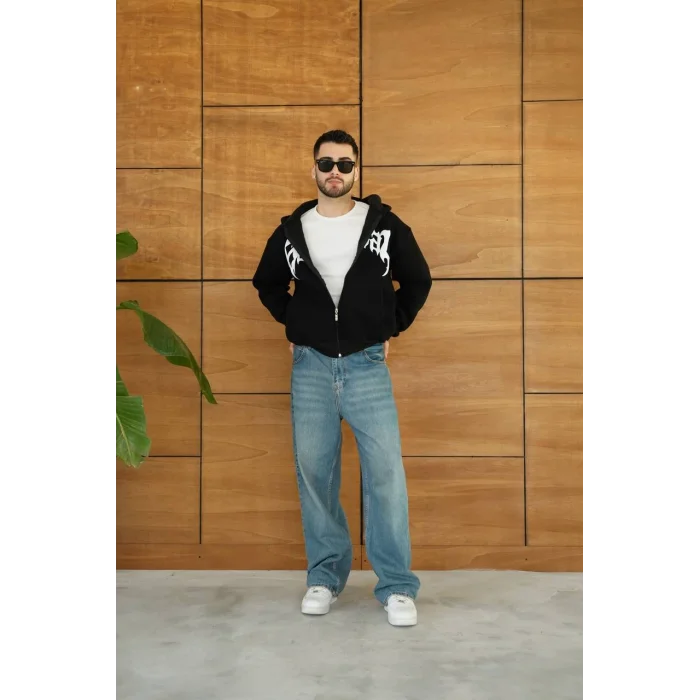 Siyah Synical Kapşonlu Unisex Oversize Sweat