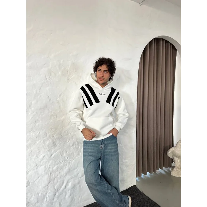 Beyaz ADD Omuz Şeritli Kapşonlu Unisex Oversize Sweat