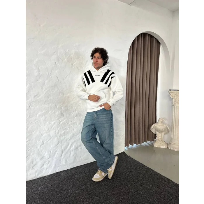 Beyaz ADD Omuz Şeritli Kapşonlu Unisex Oversize Sweat
