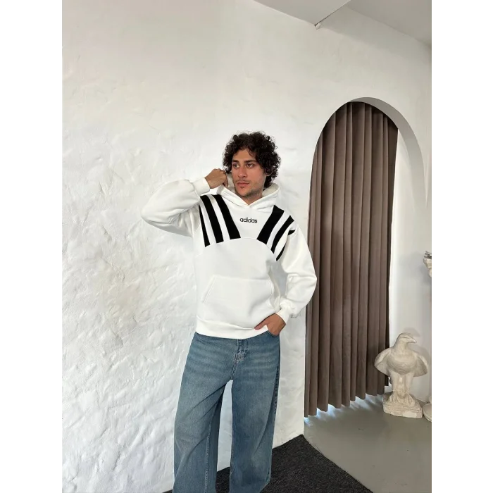 Beyaz ADD Omuz Şeritli Kapşonlu Unisex Oversize Sweat