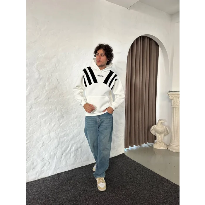 Beyaz ADD Omuz Şeritli Kapşonlu Unisex Oversize Sweat