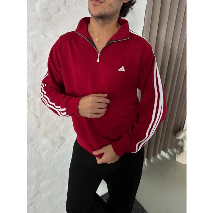 Bordo ADD Üç Şerit Fermuar Yaka Unisex Oversize Sweat