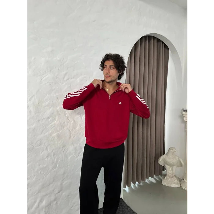 Bordo ADD Üç Şerit Fermuar Yaka Unisex Oversize Sweat