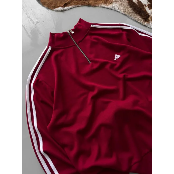 Bordo ADD Üç Şerit Fermuar Yaka Unisex Oversize Sweat