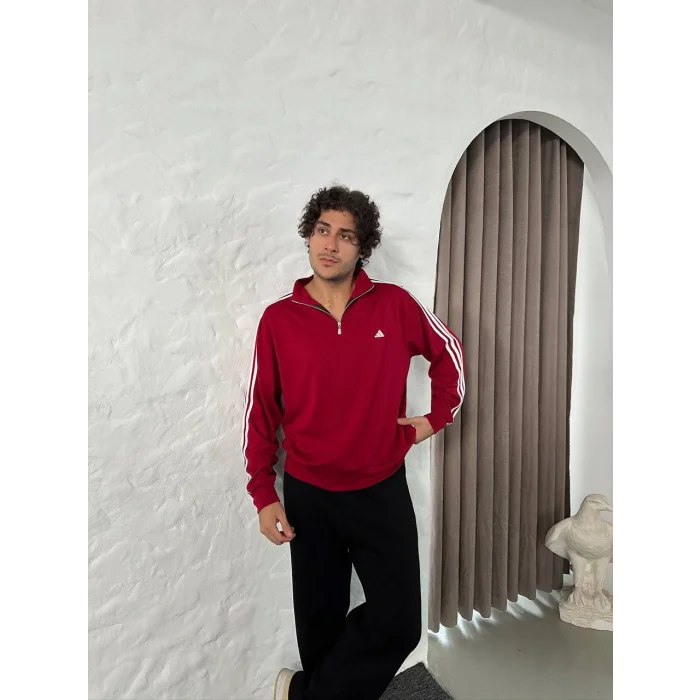 Bordo ADD Üç Şerit Fermuar Yaka Unisex Oversize Sweat