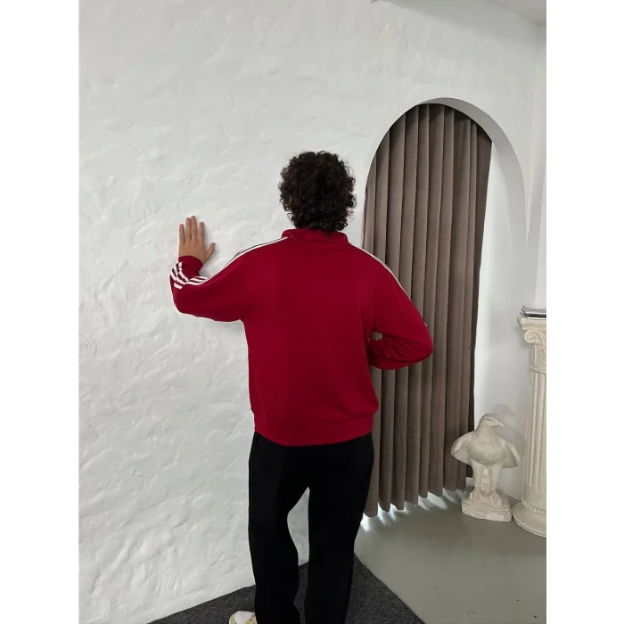 Bordo ADD Üç Şerit Fermuar Yaka Unisex Oversize Sweat