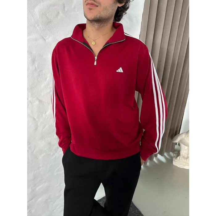 Bordo ADD Üç Şerit Fermuar Yaka Unisex Oversize Sweat