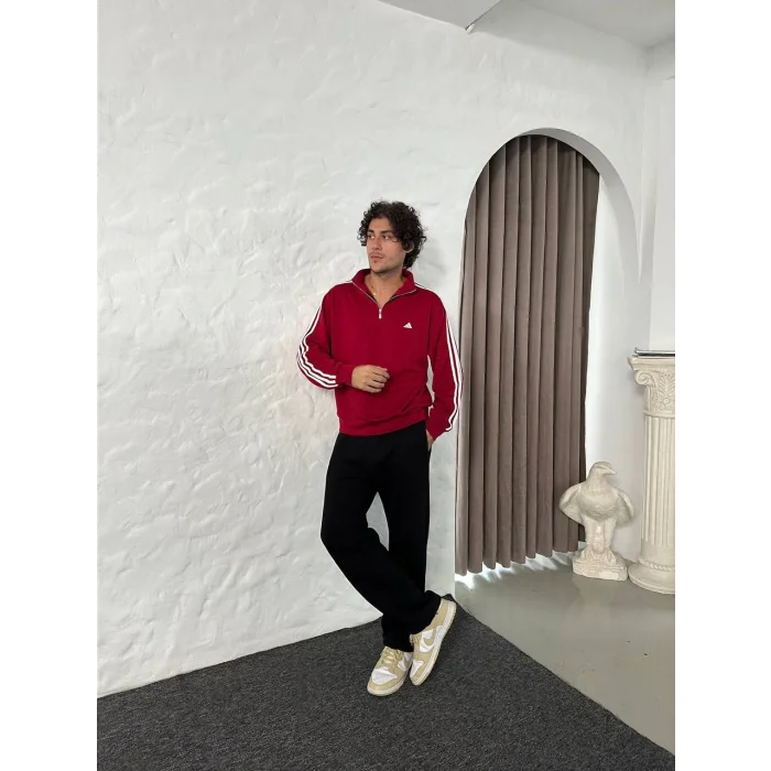 Bordo ADD Üç Şerit Fermuar Yaka Unisex Oversize Sweat