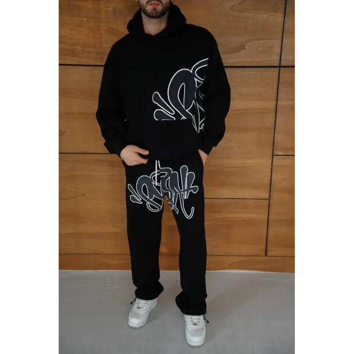 Siyah Baskılı Kapşonlu Unisex Oversize Eşofman Takımı