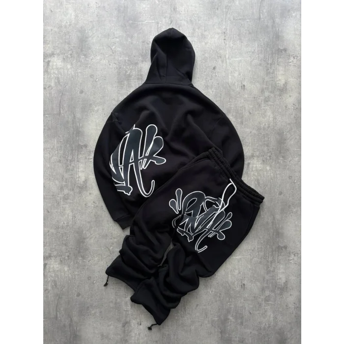 Siyah Baskılı Kapşonlu Unisex Oversize Eşofman Takımı