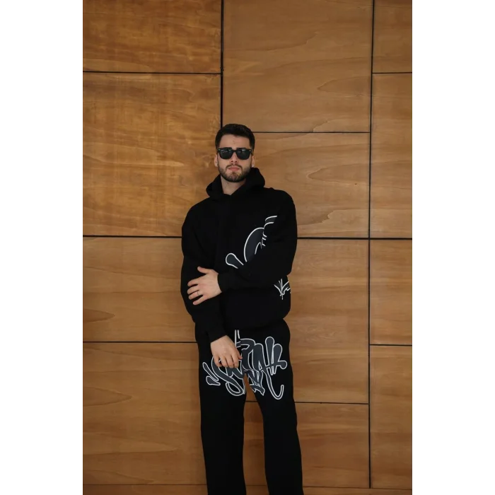 Siyah Baskılı Kapşonlu Unisex Oversize Eşofman Takımı