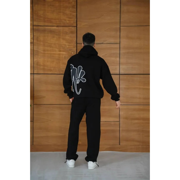 Siyah Baskılı Kapşonlu Unisex Oversize Eşofman Takımı
