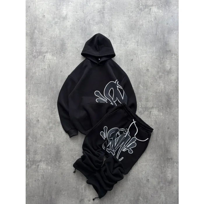 Siyah Baskılı Kapşonlu Unisex Oversize Eşofman Takımı