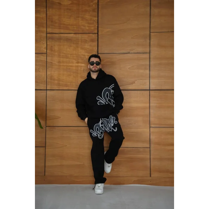 Siyah Baskılı Kapşonlu Unisex Oversize Eşofman Takımı