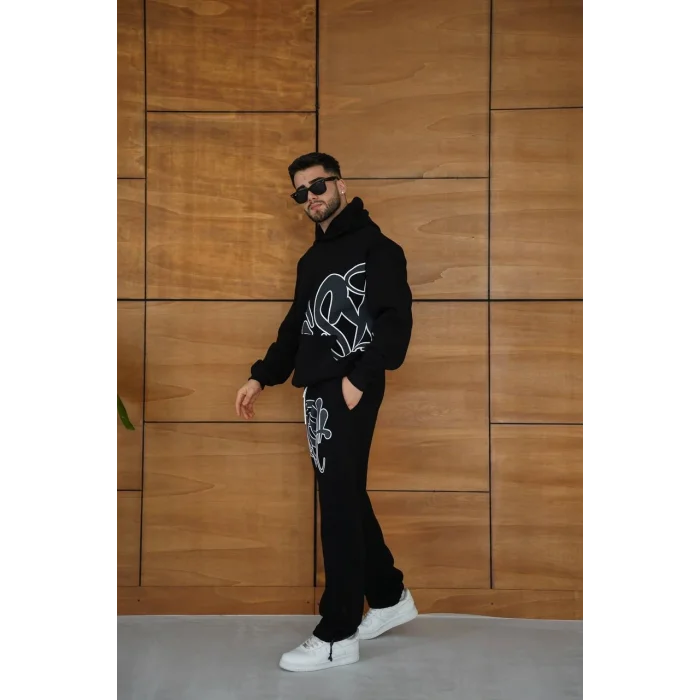 Siyah Baskılı Kapşonlu Unisex Oversize Eşofman Takımı