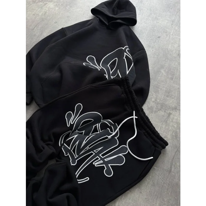 Siyah Baskılı Kapşonlu Unisex Oversize Eşofman Takımı