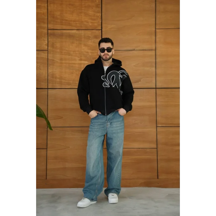 Siyah Baskılı Kapşonlu Unisex Oversize Sweat