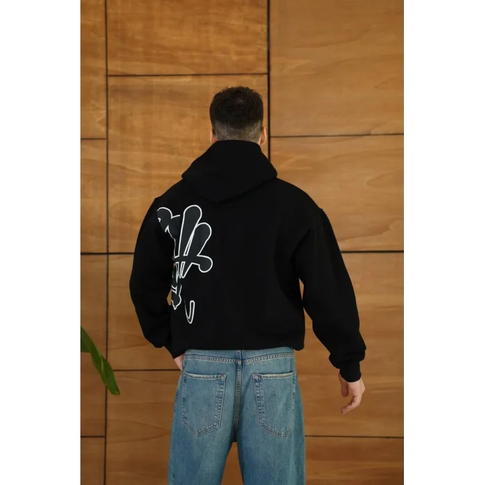 Siyah Baskılı Kapşonlu Unisex Oversize Sweat